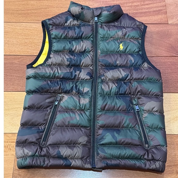 Polo Ralph Lauren Camo Puffer Vest Boys Small 8 Camouflage Yellow Lining Zip Up